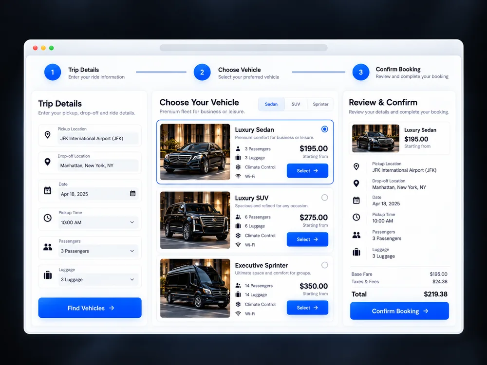Mehar Limo online booking flow - trip details, choose vehicle, confirm booking